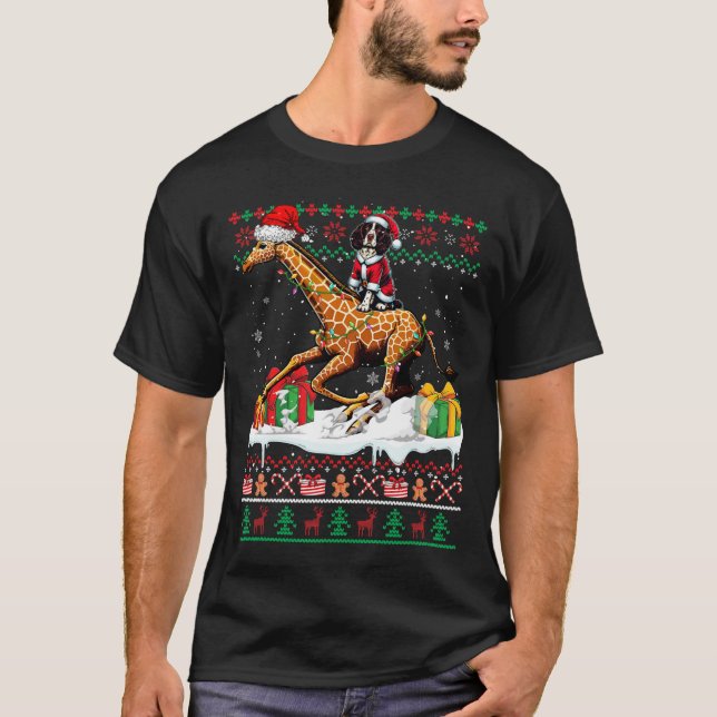 Santa English Springer Spaniel Riding Giraffe Xmas T-Shirt (Front)