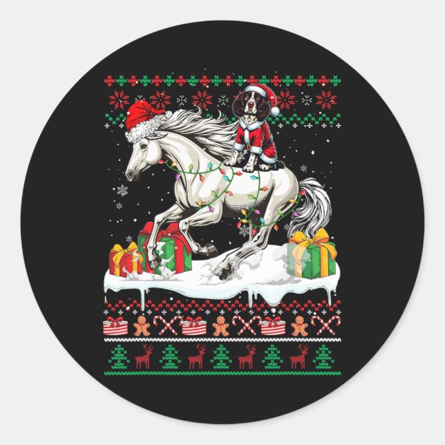 Santa English Springer Spaniel Riding Horse Xmas S Classic Round Sticker (Front)