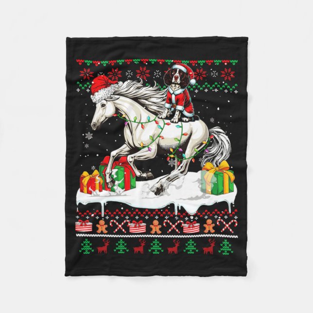 Santa English Springer Spaniel Riding Horse Xmas S Fleece Blanket (Front)