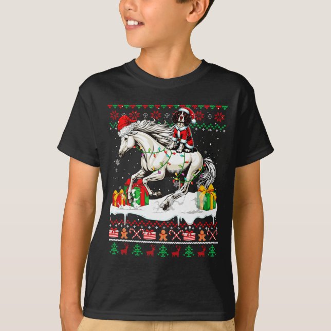Santa English Springer Spaniel Riding Horse Xmas S T-Shirt (Front)