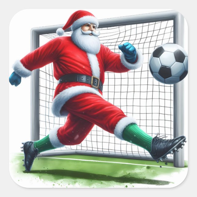 Santa Enjoys Playing Soccer on a Snowy Field Square Sticker (Front)