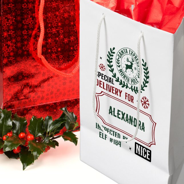 Santa Express Delivery For (Custom Name) Christmas Medium Gift Bag (Personalized Santa's Express Special Delivery gift bag will add a touch of magic to your gift giving)