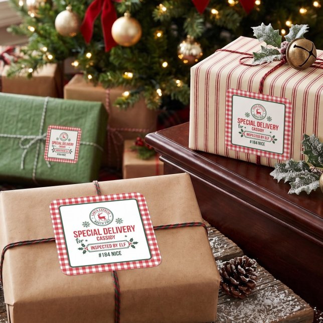 Santa Express Reindeer express delivery plaid Square Sticker (Creator Uploaded)