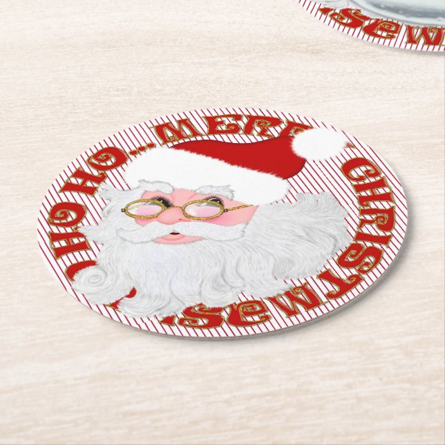 Santa Face Circle Red Stripe-ROUND PARTY COASTERS (Angled)