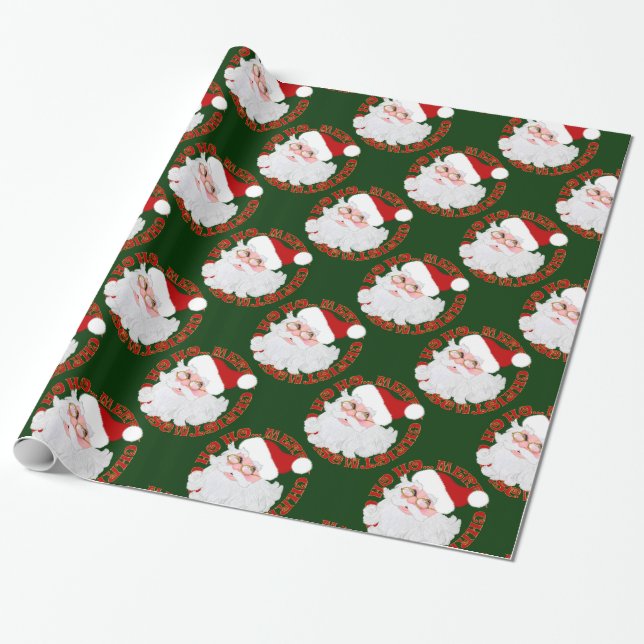 Santa Face Circles Green-Gift Wrapping Paper (Unrolled)