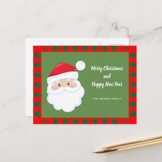 Santa Face Personalised Text Holiday Postcard (Front/Back In Situ)