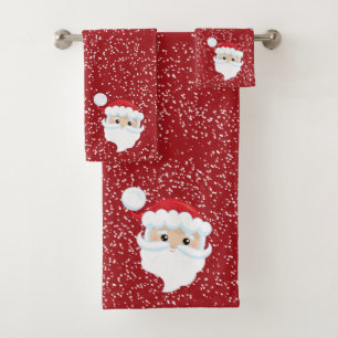 Santa face winter snow on red Christmas Bath Towel Set