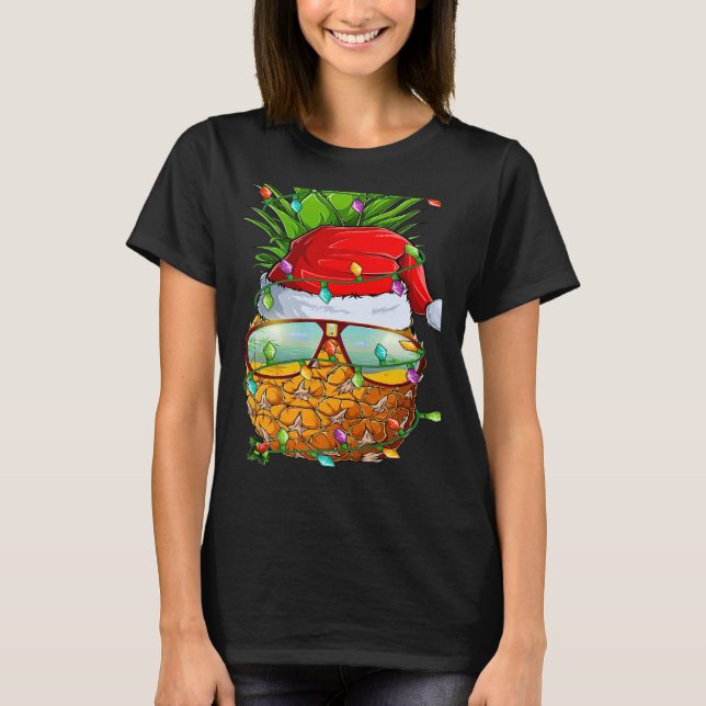 Santa Fat Pineapple Glasses Xmas Lights Pineapple  T-Shirt (Front)