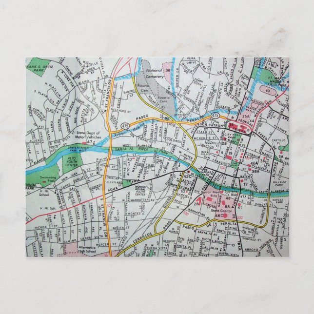 Santa Fe, NM Vintage Map Postcard (Front)