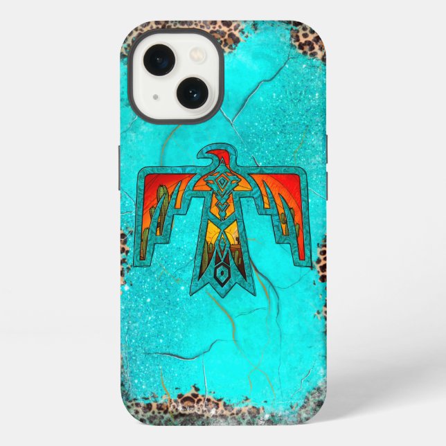 Santa Fe Thunderbird Turquoise Marble Leopard iPhone Case (Back)