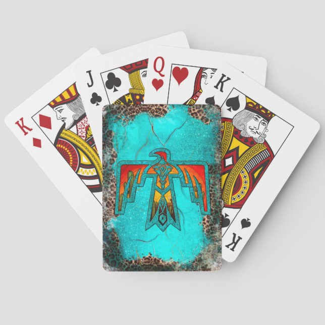 Santa Fe Thunderbird Turquoise Marble Leopard Playing Cards (Back)