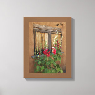 Santa Fe Window with Red Holly Hocks Wrapped Canvas Print