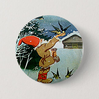Santa feeding birds by hand in snow 6 cm round badge