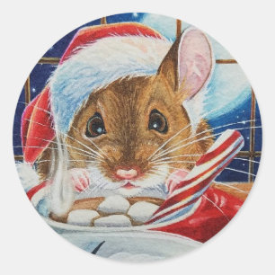 Santa Field Mouse with Hot Cocoa Watercolor Art Cl Classic Round Sticker