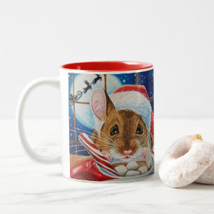 Santa Field Mouse with Hot Cocoa Watercolor Art Tw Two-Tone Coffee Mug