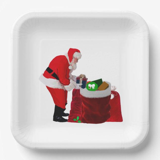 Santa Filling Gift Sacks Paper Plates (Front)