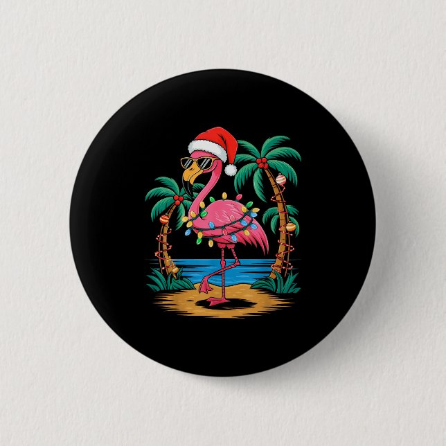Santa Flamingo Christmas Lights Trocal Palms Tree  6 Cm Round Badge (Front)