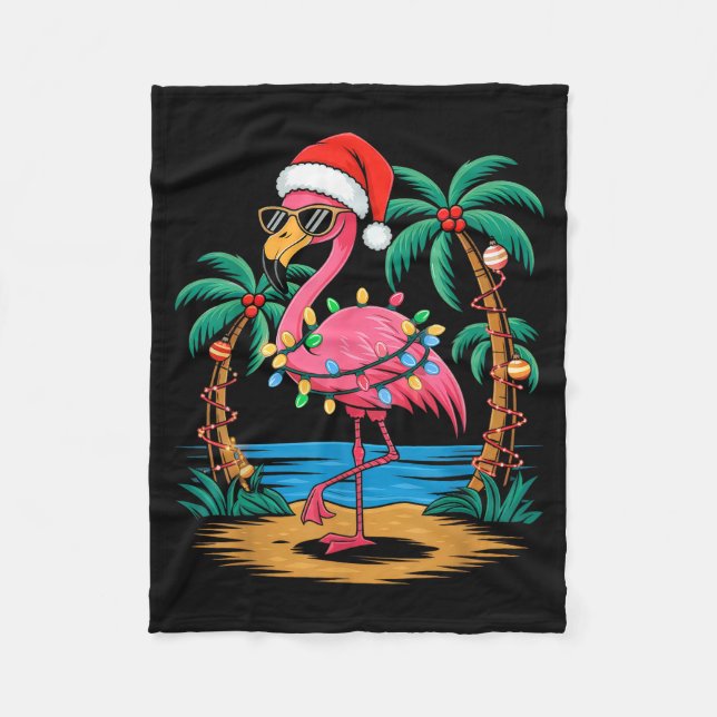 Santa Flamingo Christmas Lights Trocal Palms Tree  Fleece Blanket (Front)