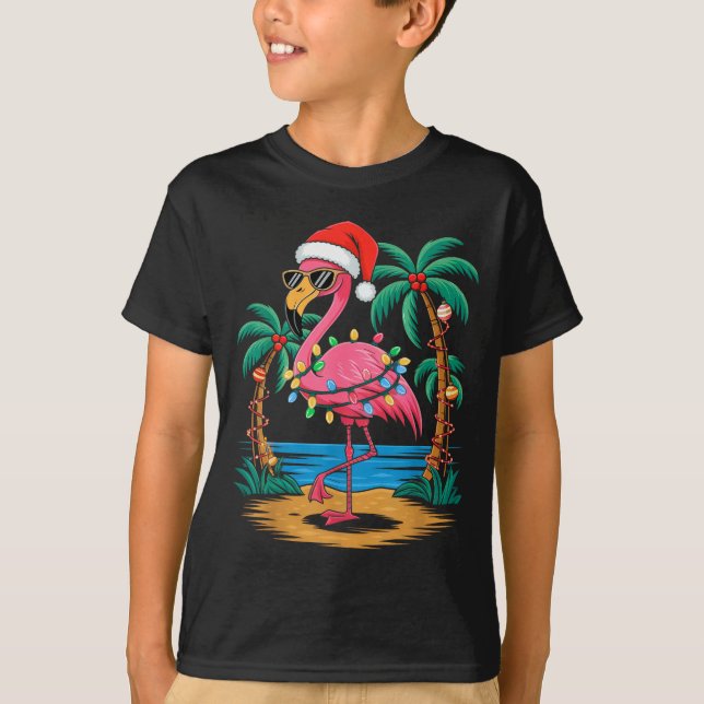 Santa Flamingo Christmas Lights Trocal Palms Tree  T-Shirt (Front)