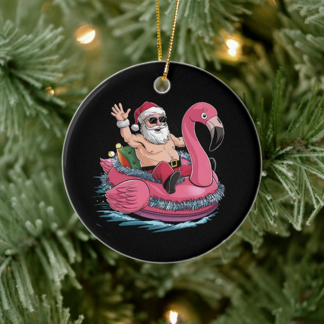 Santa Flamingo Floatie Christmas In July Summer Ceramic Tree Decoration (Tree)
