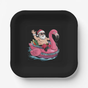 Santa Flamingo Floatie Christmas In July Summer Paper Plate