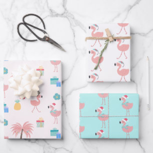 Santa Flamingo Pattern Fun Pink Tropical Christmas Wrapping Paper Sheet