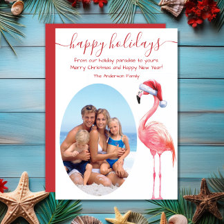 Santa Flamingo PHOTO Tropical Beach Christmas Holiday Card