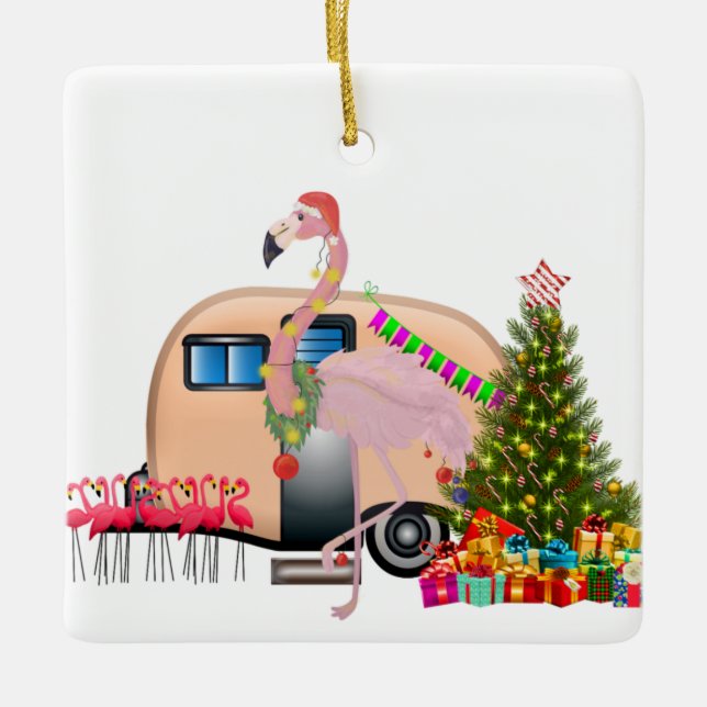 santa flamingo trailer ceramic ornament (Front)