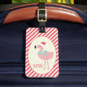 Santa Flamingo w Pink Candy Cane Stripes Christmas Luggage Tag