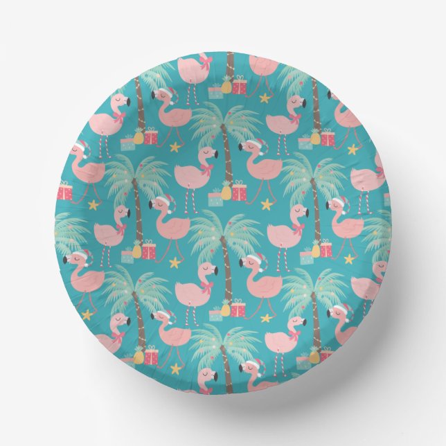 Santa Flamingo's - Fun Aqua Tropical Christmas Paper Plate (Front)