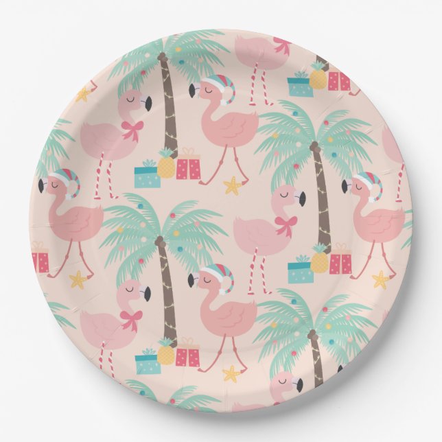 Santa Flamingo's - Fun Pink Tropical Christmas Paper Plate (Front)