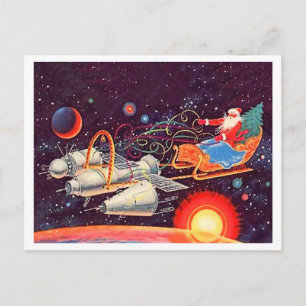 Santa fly with rockets, Soviet vintage New Year Postcard
