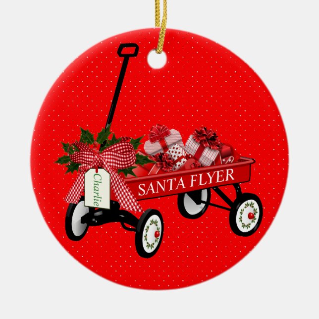Santa Flyer Toy Wagon Name Porcelain Christmas Ceramic Tree Decoration (Front)