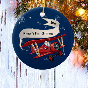 Santa Flying Aeroplane, First Christmas,Personalis Ceramic Tree Decoration