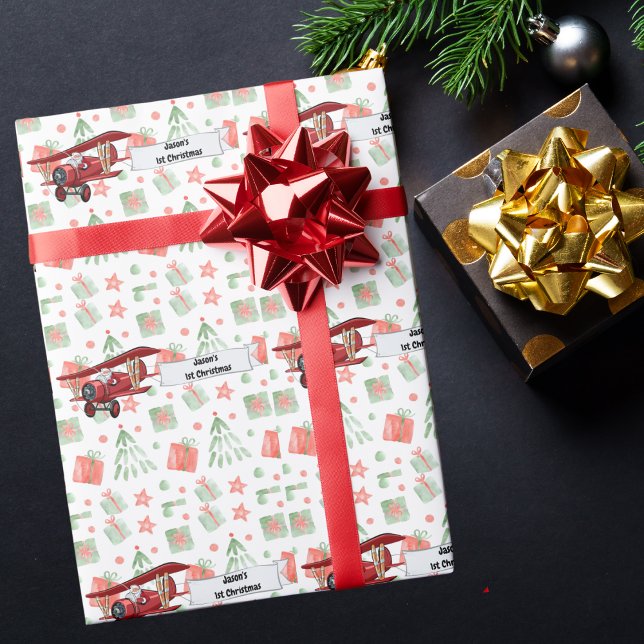 Santa Flying Aeroplane,First Christmas Personalise Wrapping Paper (Creator Uploaded)
