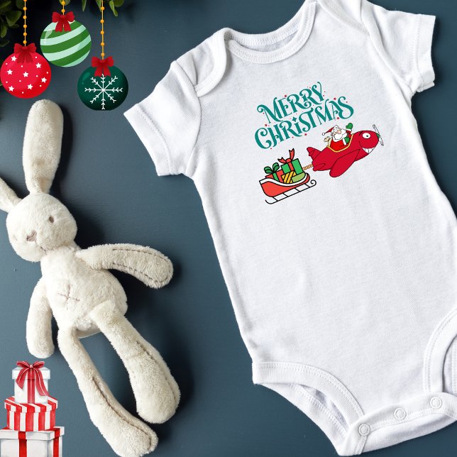 Santa Flying Aeroplane, Sleigh & presents,Christma Baby Bodysuit (Creator Uploaded)