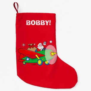 Santa Flying Aeroplane with Gifts Name Small Christmas Stocking