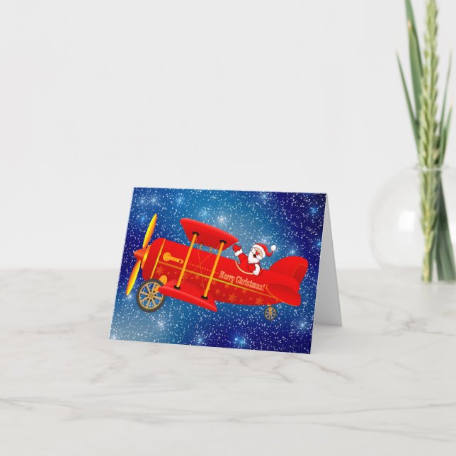 Santa Flying Biplane Christmas Greeting Card (Front)