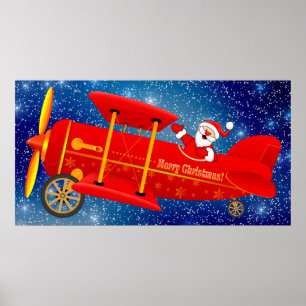 Santa Flying Biplane Poster