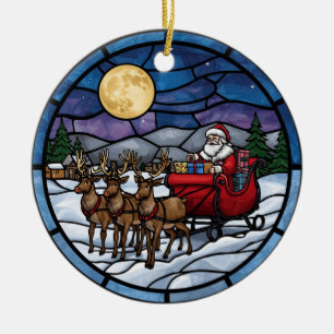Santa Flying Over Snowy Village Ceramic Tree Decoration
