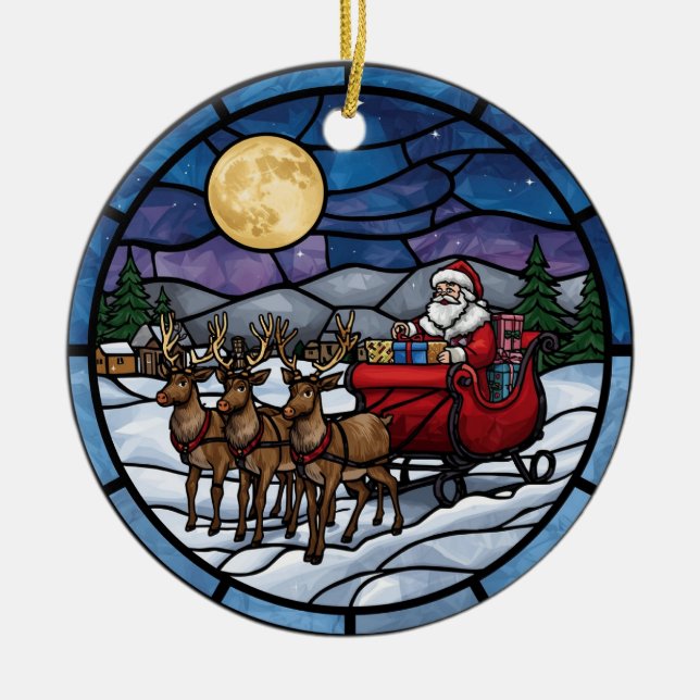 Santa Flying Over Snowy Village Ceramic Tree Decoration (Front)