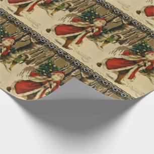 Santa Forest Woods Vintage Burgundy Black Cream Wrapping Paper