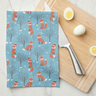 Santa Fox and Winter Trees Tea Towel