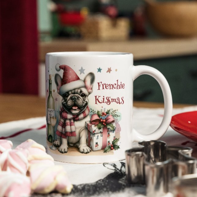 Santa French Bulldog Fun Festive Xmas Dog lover Two-Tone Coffee Mug (Fun gift for Christmas, French Bulldog lovers, Frenchie owners Xmas gift, Cute dog in Santa hat, )