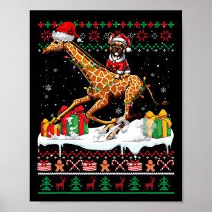 Santa French Bulldog Riding Giraffe Christmas Swea Poster