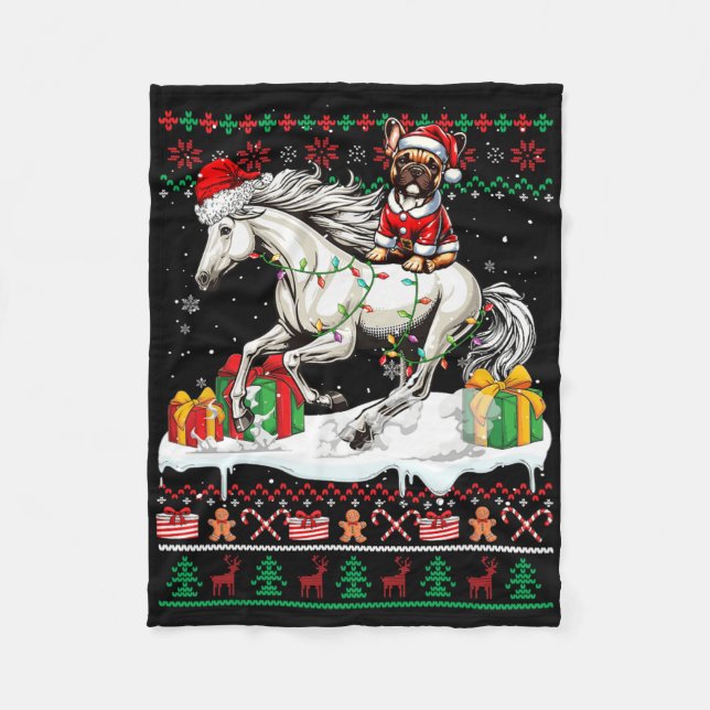 Santa French Bulldog Riding Horse Christmas Sweate Fleece Blanket (Front)