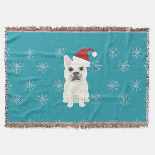 Santa Frenchie, Snowflakes Blue Throw Blanket