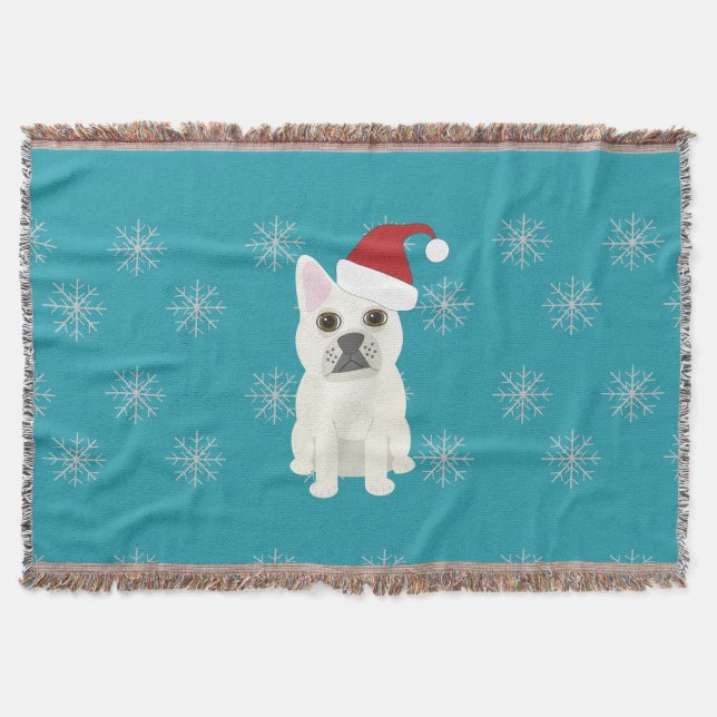 Santa Frenchie, Snowflakes Blue Throw Blanket (Front)