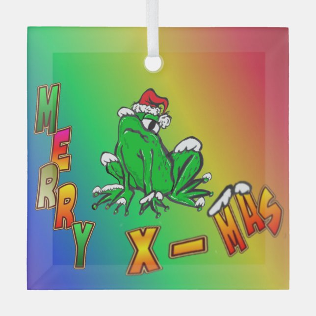 Santa Frog Merry Christmas Glass Ornament (Front)