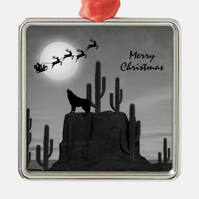 Santa Full Moon Wolf Desert Southwestern Christmas Metal Tree Decoration (Front)